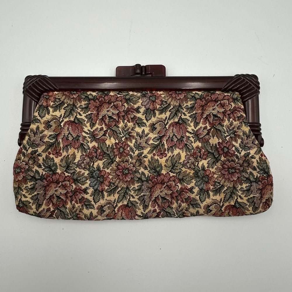 Vintage Floral Tapestry Clutch Bag Kiss Lock Carved Frame Burgundy Rose No. 0558